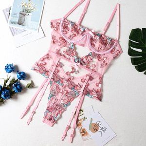 One-piece Pink Floral Embroidery Lingerie Bodysuit